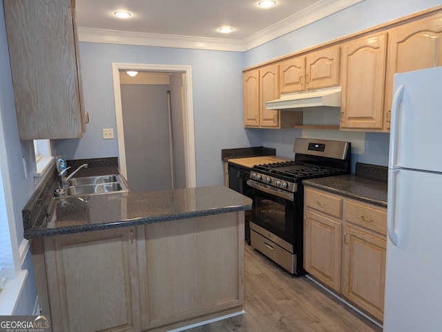 kitchen with stainless steel range with gas cooktop, freestanding refrigerator, a sink, light brown cabinetry, and under cabinet range hood