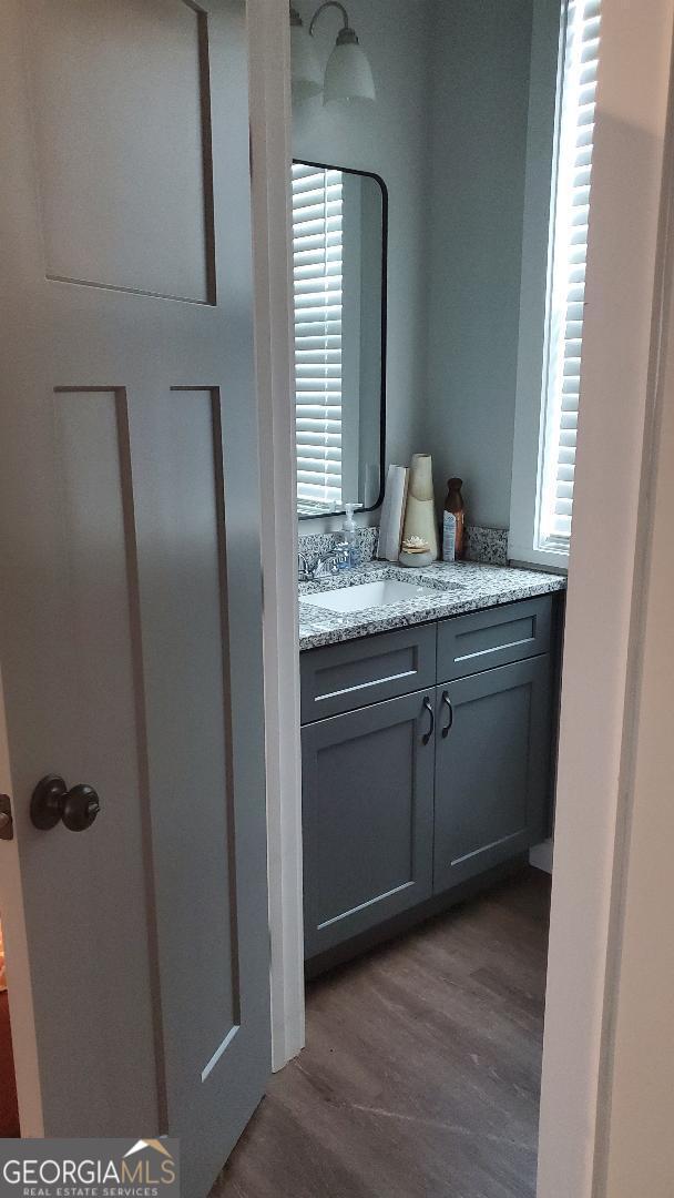 bathroom featuring vanity and hardwood / wood-style floors