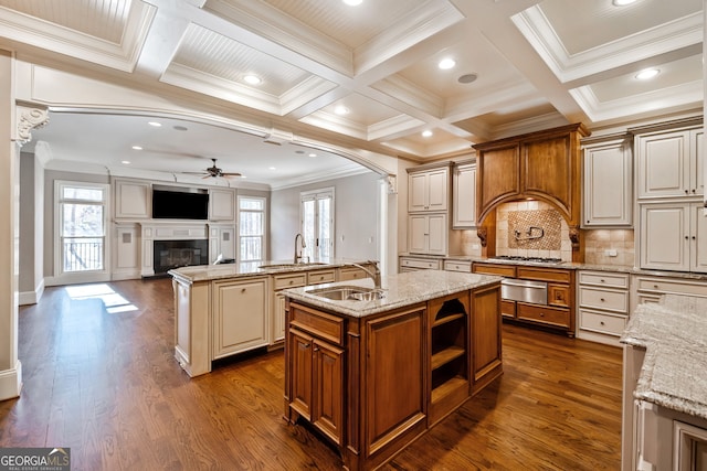 kitchen with ornamental molding, light stone countertops, sink, and a center island with sink