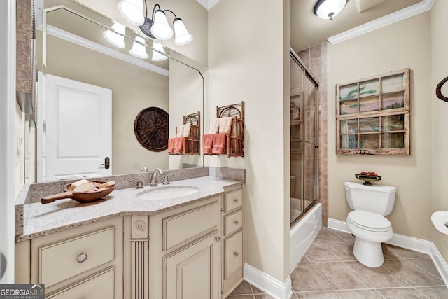 full bathroom with crown molding, combined bath / shower with glass door, vanity, tile patterned floors, and toilet