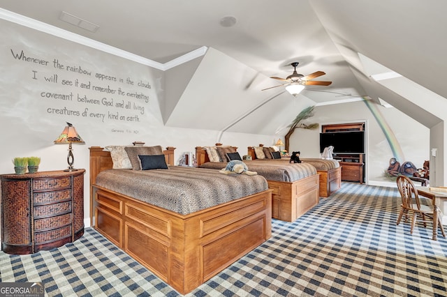 bedroom with ornamental molding, lofted ceiling, and ceiling fan