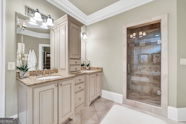 bathroom featuring tile patterned flooring, vanity, ornamental molding, and walk in shower