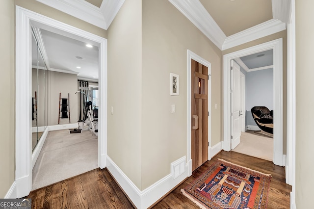 hallway featuring hardwood / wood-style floors and ornamental molding