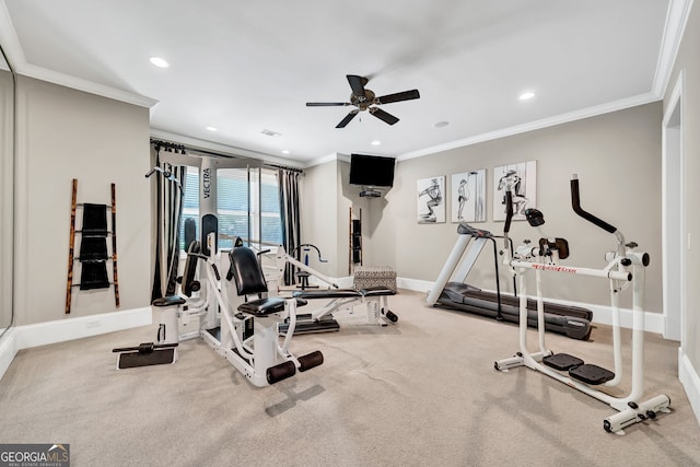 workout area featuring crown molding, ceiling fan, and light carpet