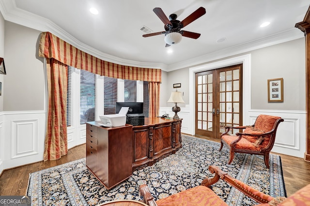 office with french doors, ceiling fan, ornamental molding, and wood-type flooring