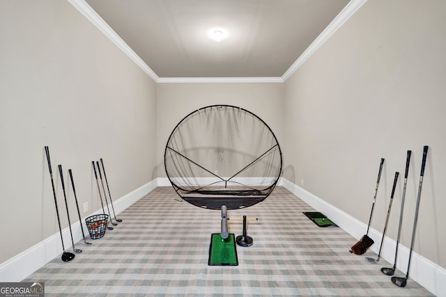 interior space featuring light colored carpet and ornamental molding