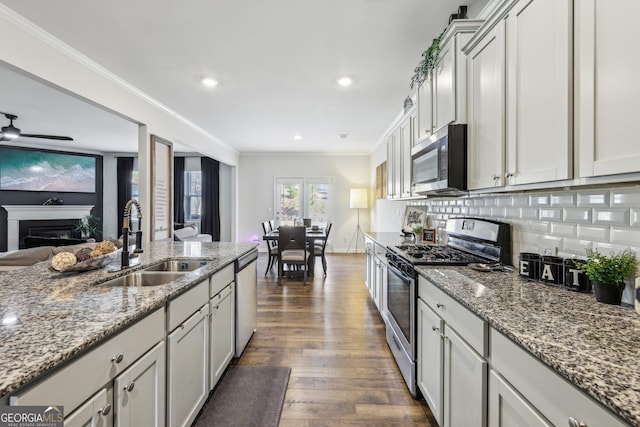 kitchen with tasteful backsplash, dark wood finished floors, appliances with stainless steel finishes, crown molding, and a sink