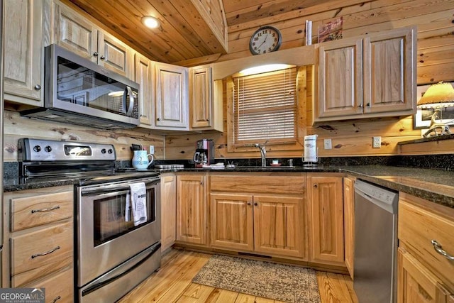 kitchen featuring sink, dark stone countertops, wooden ceiling, wooden walls, and stainless steel appliances