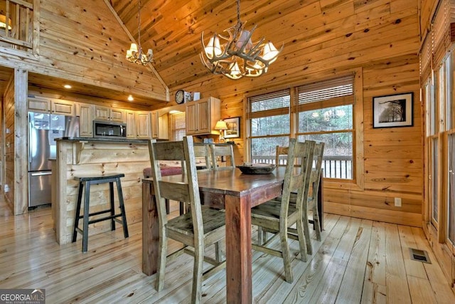 dining room with a chandelier, high vaulted ceiling, light hardwood / wood-style flooring, wooden ceiling, and wooden walls