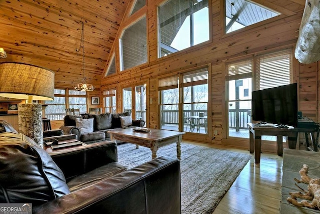 living room with hardwood / wood-style flooring, wooden ceiling, lofted ceiling, and wood walls