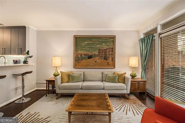 living room with ornamental molding and dark hardwood / wood-style flooring