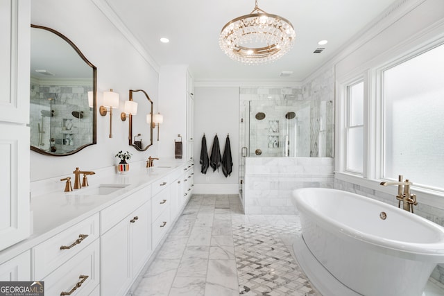 bathroom with vanity, a notable chandelier, crown molding, and shower with separate bathtub