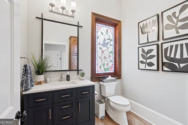 bathroom featuring hardwood / wood-style flooring, vanity, a wealth of natural light, and toilet