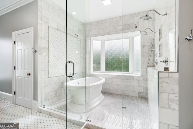 bathroom featuring tile patterned floors and shower with separate bathtub