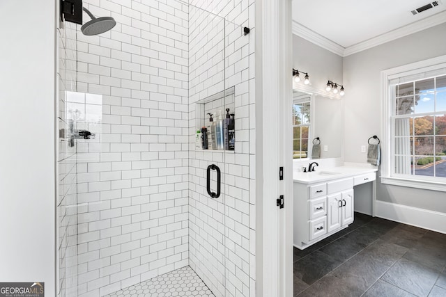 bathroom featuring vanity, a shower with door, and ornamental molding