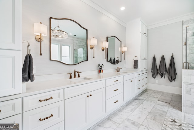 bathroom with an enclosed shower, vanity, and ornamental molding