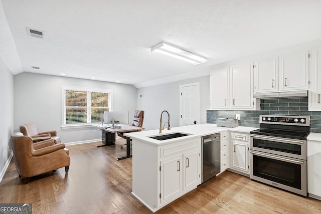 kitchen with sink, white cabinets, light hardwood / wood-style floors, kitchen peninsula, and stainless steel appliances