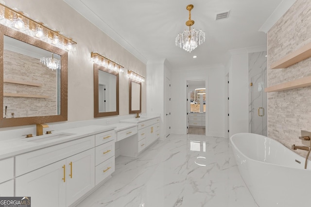 bathroom featuring an inviting chandelier, vanity, ornamental molding, and plus walk in shower