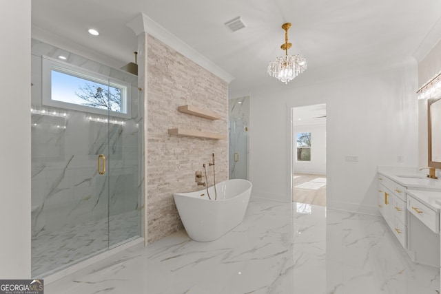 bathroom with vanity, shower with separate bathtub, ornamental molding, and a notable chandelier