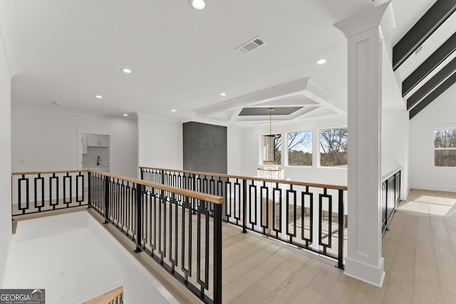 hall with light hardwood / wood-style floors and a tray ceiling