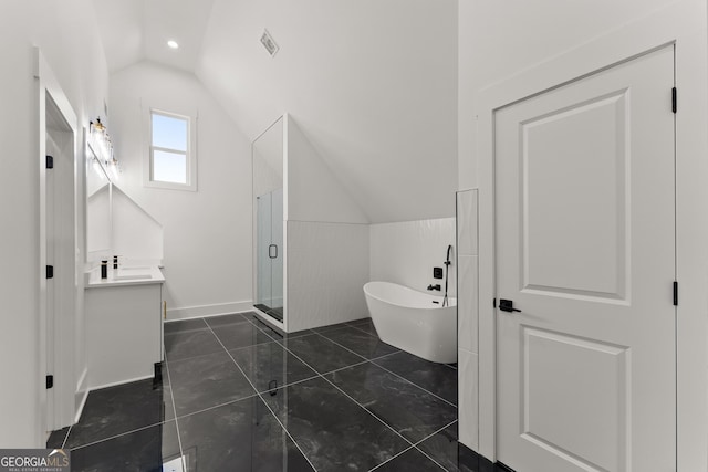 bathroom featuring shower with separate bathtub, lofted ceiling, and vanity