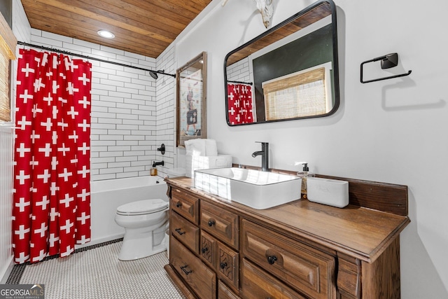 full bathroom featuring shower / tub combo with curtain, vanity, wooden ceiling, and toilet