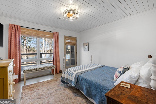 bedroom with wood ceiling and ornamental molding