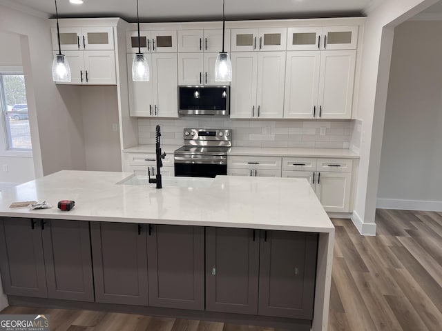 kitchen with wood finished floors, white cabinetry, appliances with stainless steel finishes, tasteful backsplash, and glass insert cabinets