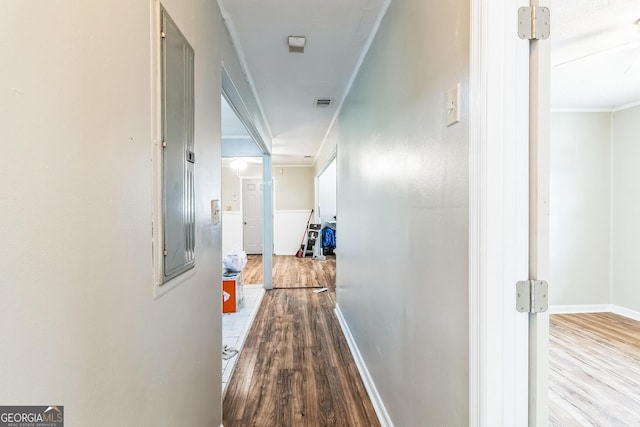 hall featuring crown molding and light hardwood / wood-style floors