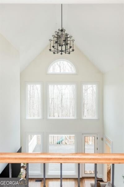 details with wood-type flooring and a chandelier