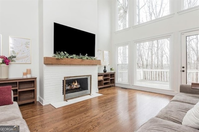 living room featuring hardwood / wood-style flooring and a towering ceiling