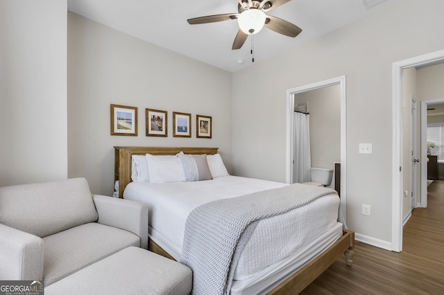 bedroom featuring dark hardwood / wood-style floors and ceiling fan