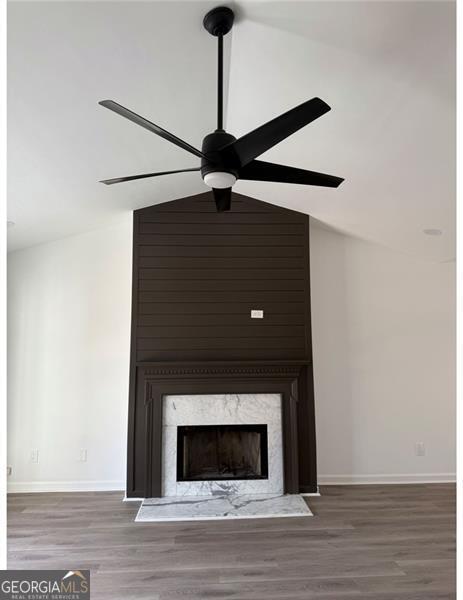 details featuring hardwood / wood-style flooring, ceiling fan, and a high end fireplace