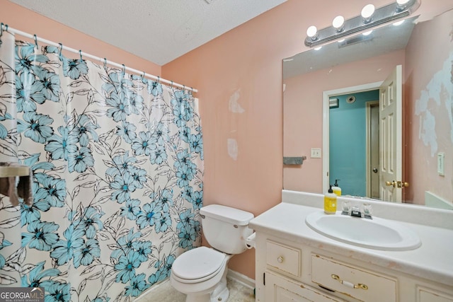 bathroom featuring vanity, a textured ceiling, curtained shower, and toilet