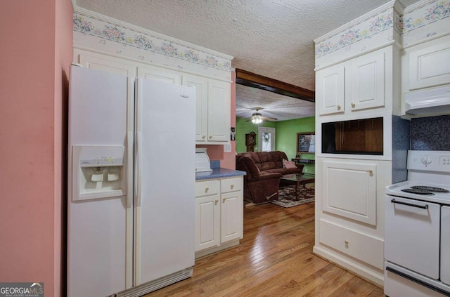 kitchen featuring white cabinets, white appliances, ceiling fan, a textured ceiling, and light hardwood / wood-style flooring