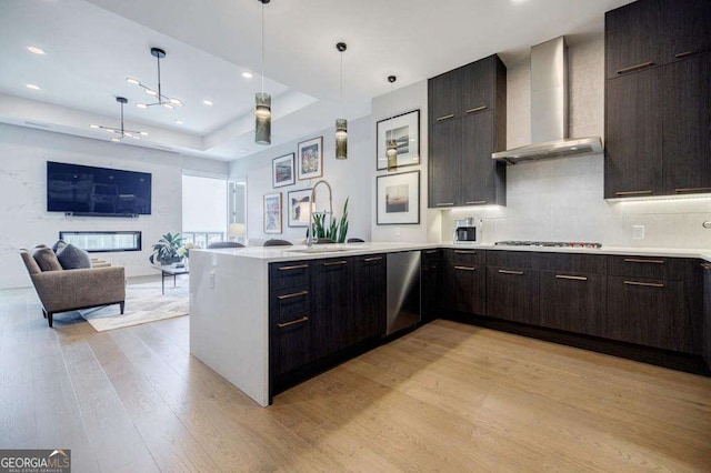 kitchen with light hardwood / wood-style flooring, appliances with stainless steel finishes, decorative light fixtures, a raised ceiling, and wall chimney exhaust hood