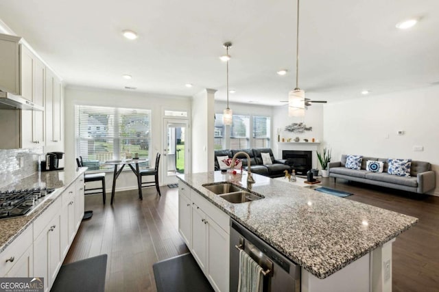 kitchen with stainless steel appliances, a kitchen island with sink, sink, and white cabinets