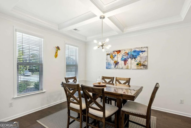 dining area with ornamental molding, coffered ceiling, dark wood-type flooring, and beam ceiling