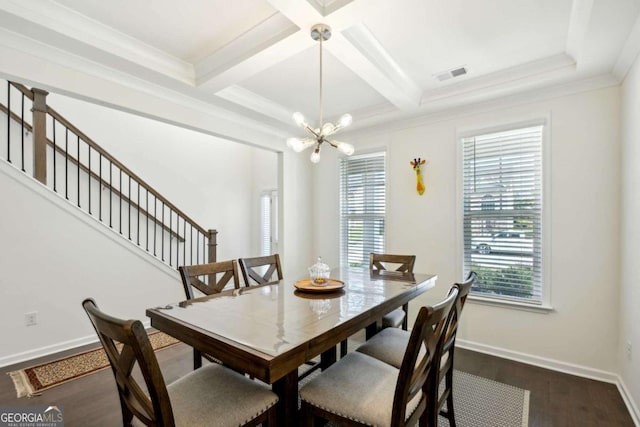 dining space with dark hardwood / wood-style floors, a chandelier, coffered ceiling, ornamental molding, and beamed ceiling