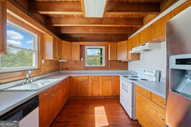 kitchen featuring sink, white appliances, wooden ceiling, and beamed ceiling