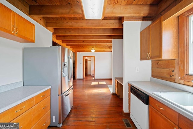 kitchen featuring stainless steel refrigerator with ice dispenser, wood ceiling, white dishwasher, dark hardwood / wood-style flooring, and beamed ceiling