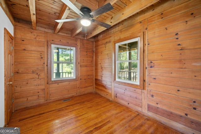 unfurnished room featuring beam ceiling, wooden ceiling, light hardwood / wood-style floors, and wood walls