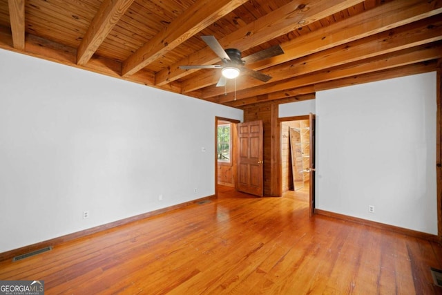 empty room with beamed ceiling, wood ceiling, ceiling fan, and light hardwood / wood-style flooring