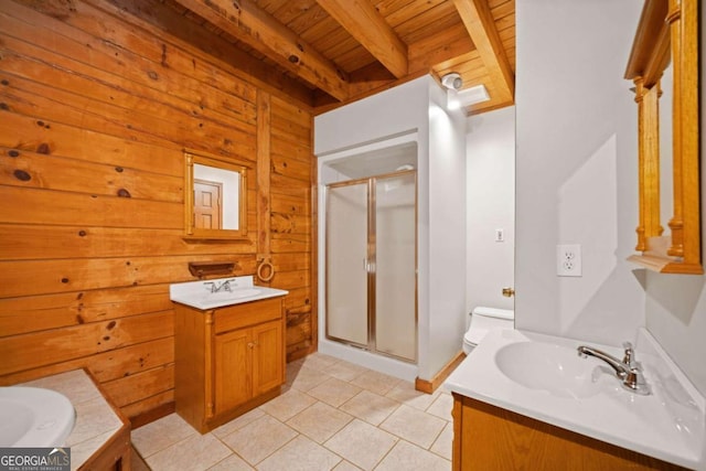 bathroom with beamed ceiling, wood ceiling, wooden walls, and a shower with shower door