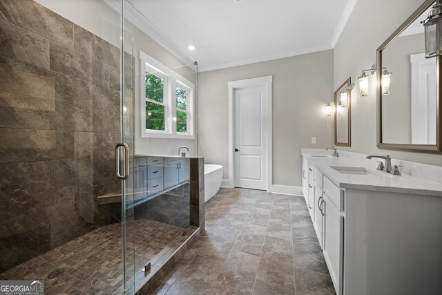 bathroom with plus walk in shower and crown molding