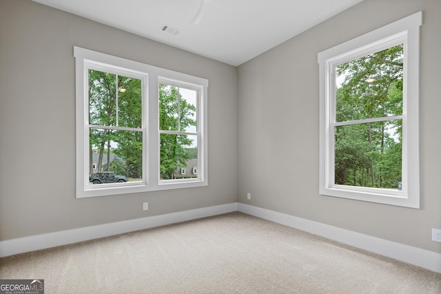 spare room featuring a wealth of natural light, visible vents, and carpet