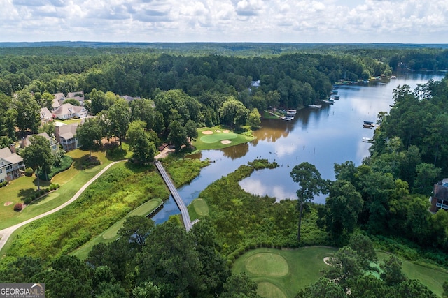 birds eye view of property featuring a view of trees and a water view