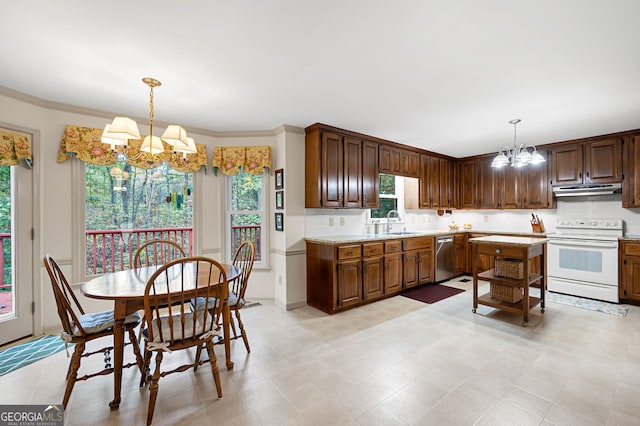 kitchen with sink, white electric range, decorative light fixtures, and a chandelier