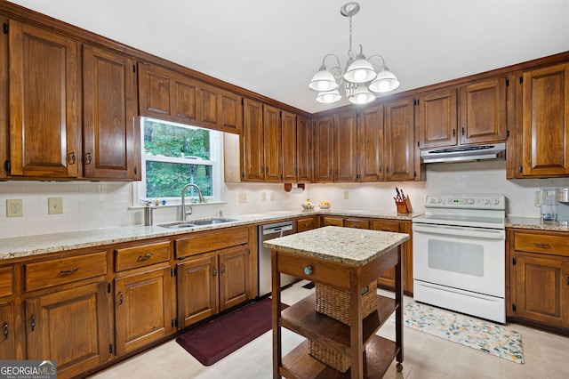 kitchen featuring light stone countertops, sink, stainless steel dishwasher, and white range with electric cooktop