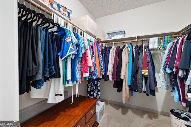 walk in closet with light colored carpet